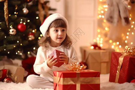 小女孩收到了圣诞节的礼物高清图片