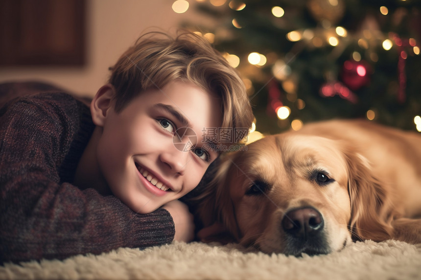 圣诞树前的男子和狗狗图片