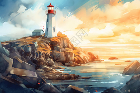 海岸灯塔素材海边闪耀的灯塔插画
