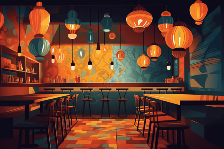 现代餐厅壁画有彩色壁画的餐厅插画