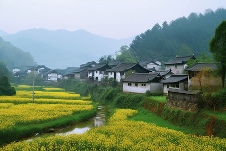 村庄的油菜花田地背景图片