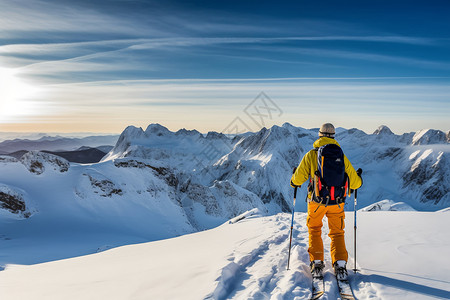 男子独自在雪山滑雪高清图片
