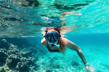 水下设备在清澈的水中浮潜的女人背景
