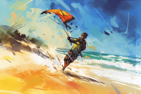 画风筝用风筝在沙滩上奔跑的画插画