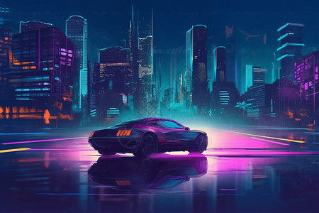 新概念车汽车通过未来城市插画