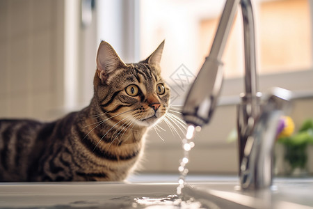 虎斑猫玩水宠物猫玩水高清图片