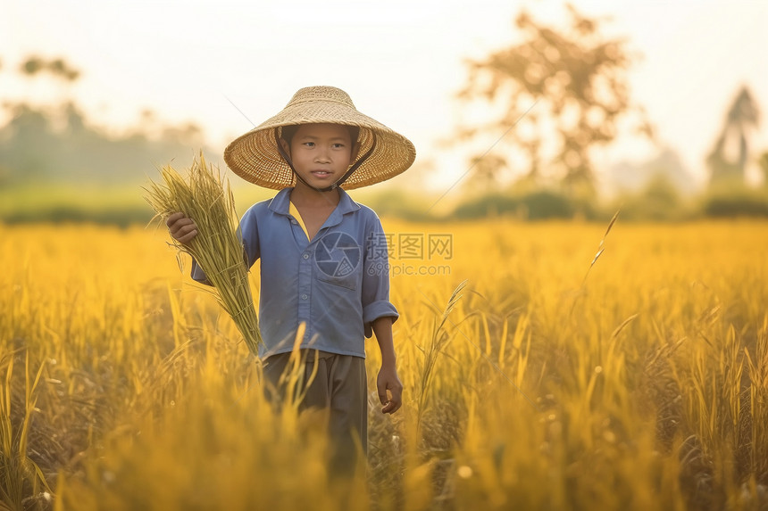 黄色稻田中的亚洲儿童图片