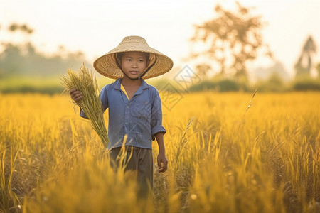 稻田中孩子黄色稻田中的亚洲儿童背景