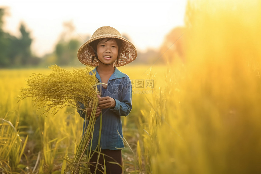 黄色稻田中的儿童图片