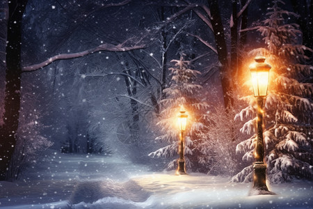 俯瞰树林与街道一条白雪覆盖的街道被圣诞灯点亮插画