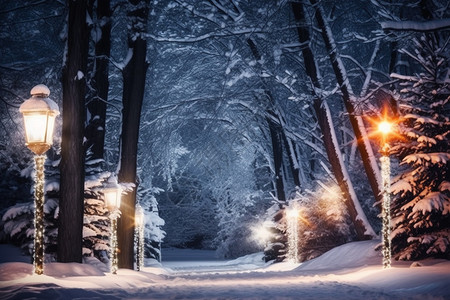 圣诞夜夜景冬季雪林图片