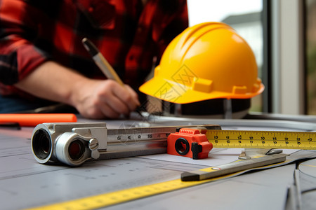 尺子测量建筑工人用卷尺和尺子在建筑中工作背景
