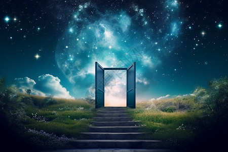 神秘门一扇敞开的门的背后尽是一片星空插画