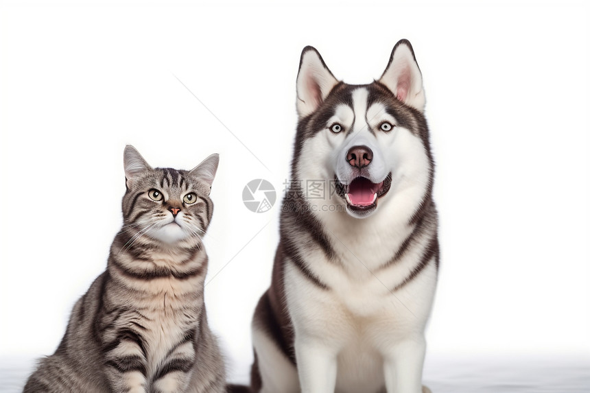 哈士奇狗和猫坐在一起看向前方图片