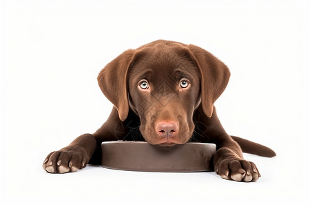 巧克力色拉布拉多小狗趴在食盆上高清图片