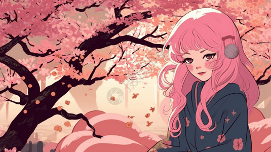 樱花树下的粉红色长发女孩背景图片