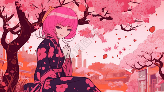 樱花树下的粉红色短发女孩图片