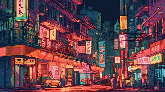 泰国唐人街夜景夜晚繁华的唐人街插画