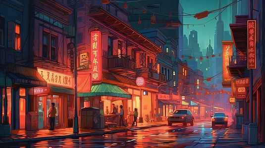 泰国唐人街夜景夜晚的唐人街插画