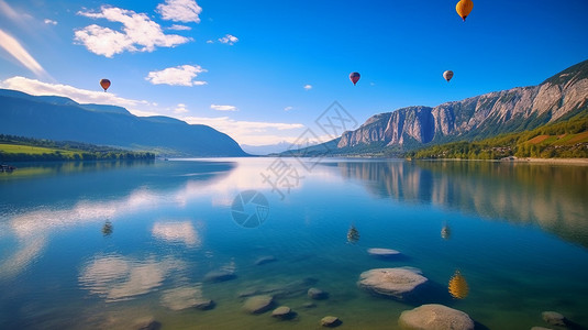 水上热气球山间湖水上的热气球背景