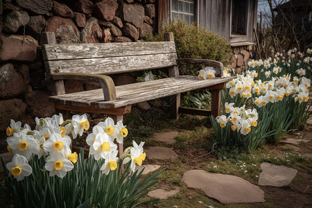 木凳旁的水仙花背景图片