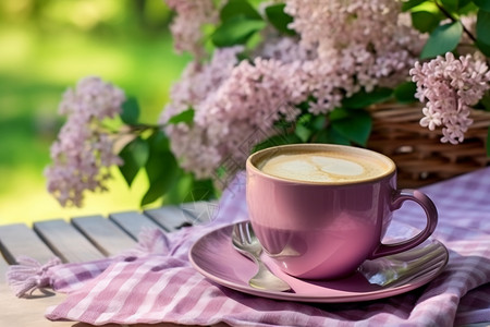 紫色桌布上的咖啡杯图片