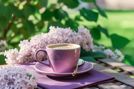 咖啡杯和丁香花图片