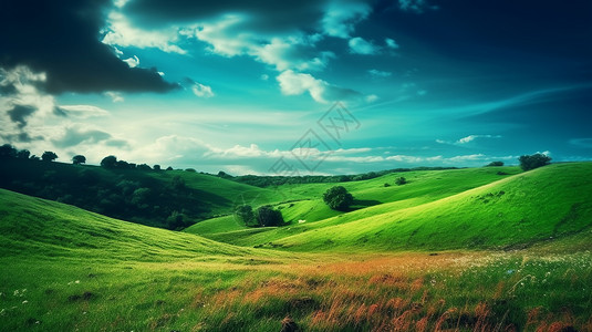 草原上乡村连绵起伏的丘陵设计图片