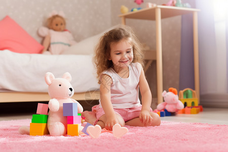 屋檐上兔子卷发女孩坐在地毯上玩毛绒玩具背景