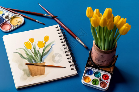 水彩画郁金香和水彩画笔颜料艺术培训图片