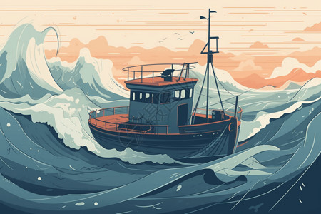 大渔船大海中的一艘渔船插画