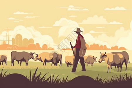 牛羊群农夫放牧羊群插画