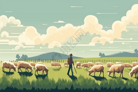 牛羊群在草地上放牧的羊群插画