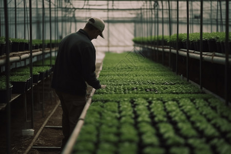 植物苗圃农民在温室中检查幼苗设计图片