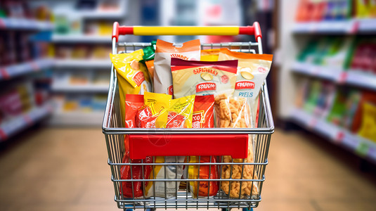 超市零食素材超市购物车中的零食背景