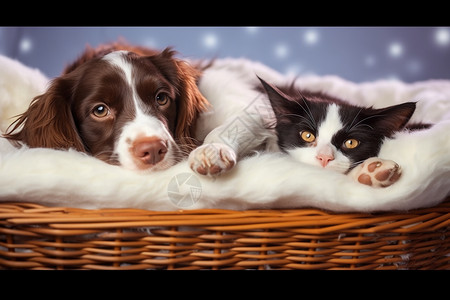 篮子中的小猫和小狗图片