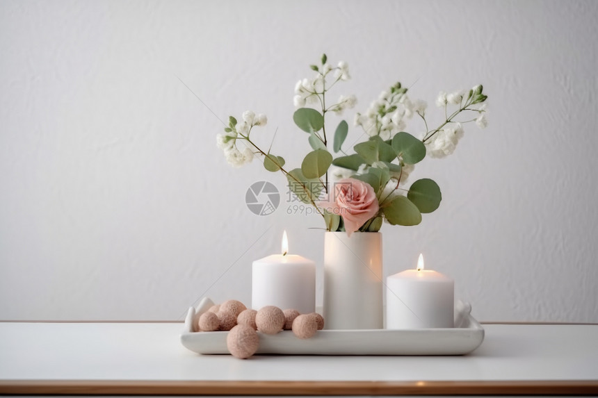 白色的蜡烛和鲜花图片