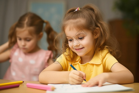 小女孩在幼儿园用笔写字高清图片