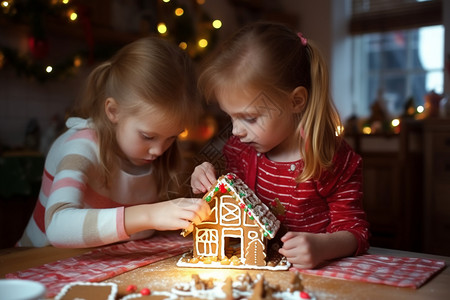 国外手工素材两个小女孩在DIY饼干小屋背景