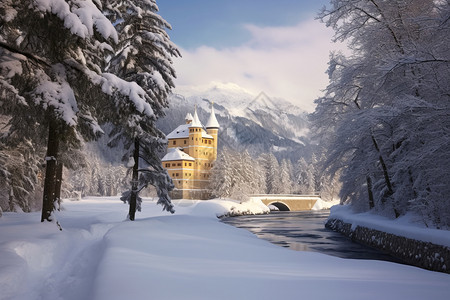 小雪时节城堡雪中的城堡背景