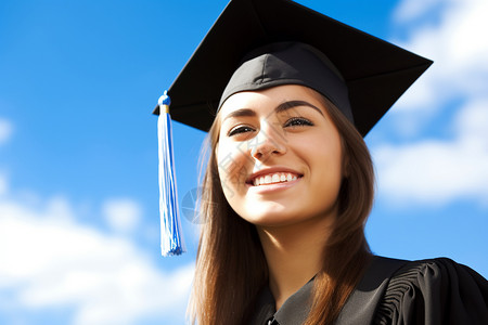 蓝色学士帽主题: 一个快乐的毕业生拿着她的文凭。视角: 毕业生毕业生笑脸特写背景