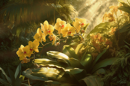 相机镜头特写森林中盛开的黄色花朵插画