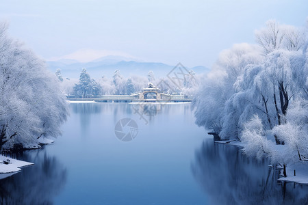 下雪的美景映雪湖桥高清图片