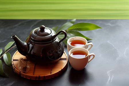 茶壶和杯子在桌子上图片