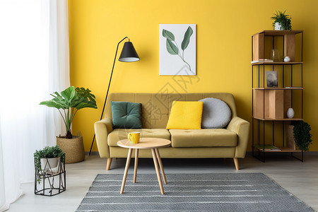 黄色枕头公寓内部卡其色装饰设计图片