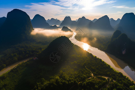 武隆喀斯特景色喀斯特地貌的日出景色背景