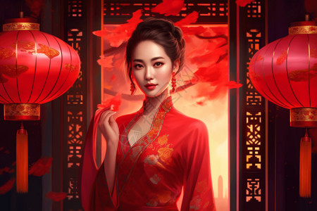中国传统装饰装饰着灯笼大门前的女人设计图片