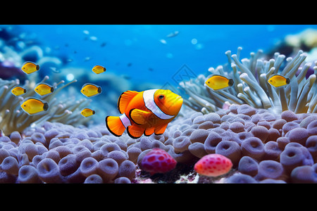 海洋馆里珊瑚中的可爱的小丑鱼图片