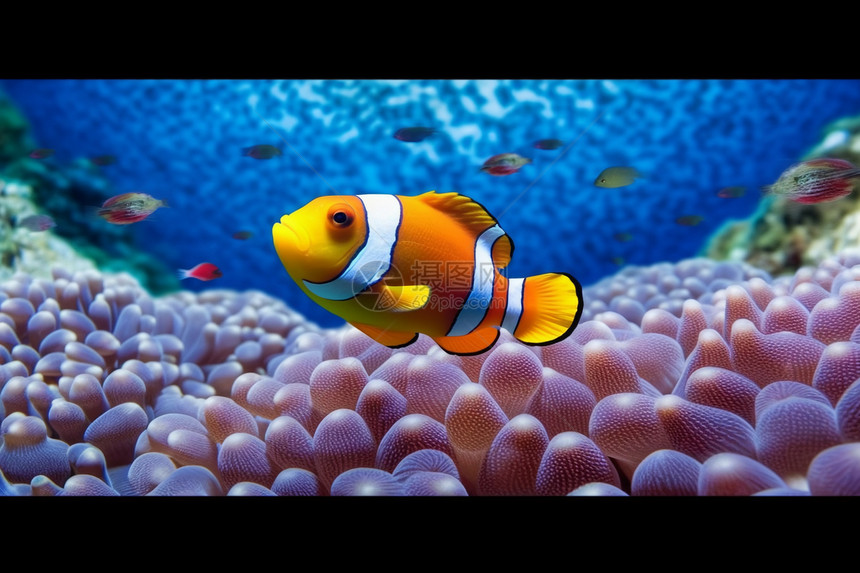 夏威夷海洋深处珊瑚中的小丑鱼图片