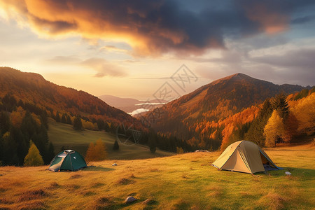徒步旅行露营搭帐篷高清图片
